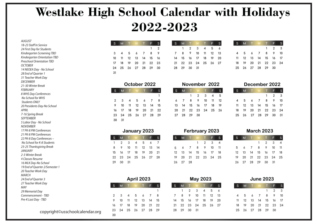 Westlake High School Calendar with Holidays 2022-2023 3