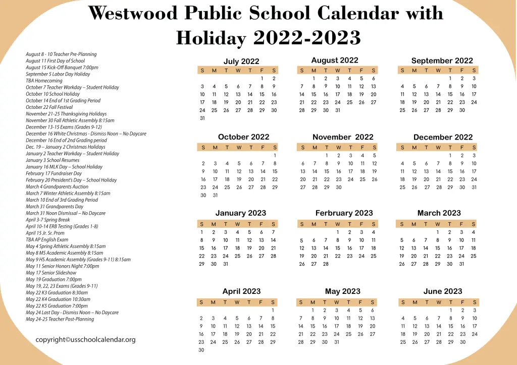 Westwood Public Schools Calendar with Holidays 2022-2023 (2)