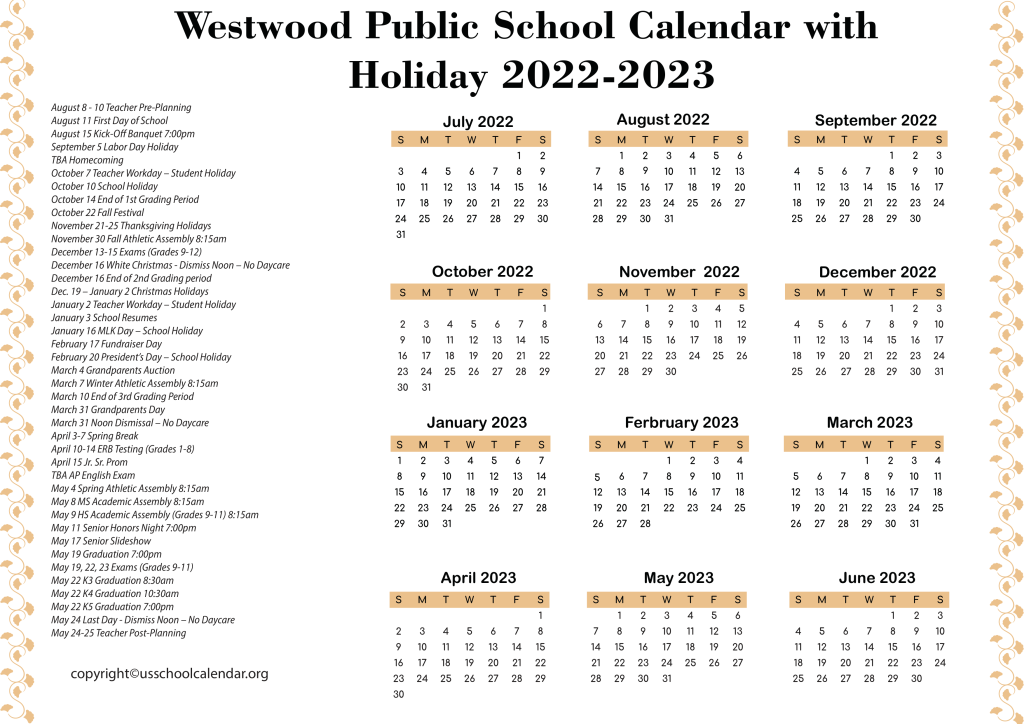 Westwood Public Schools Calendar with Holidays 2022-2023 (3)