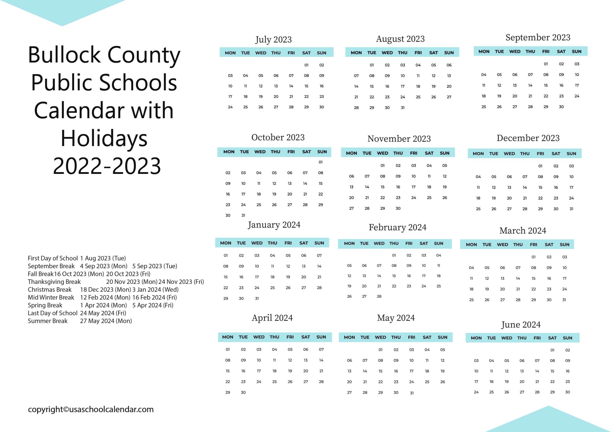 Bullock County Public Schools Calendar with Holidays 20232024