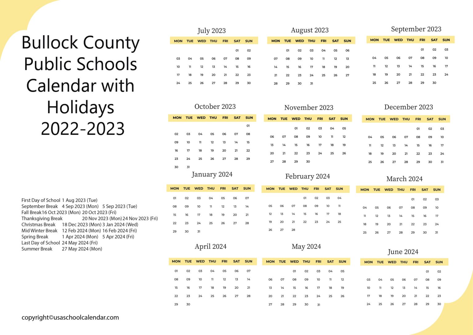 Bullock County Public Schools Calendar with Holidays 20232024