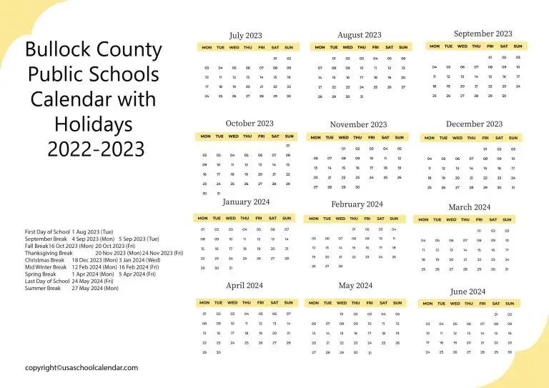 Bullock County Public Schools Calendar with Holidays 2023-2024