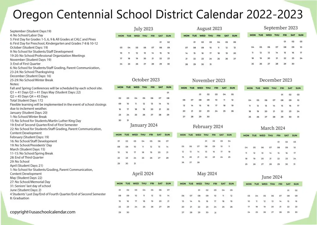 centennial school district calendar