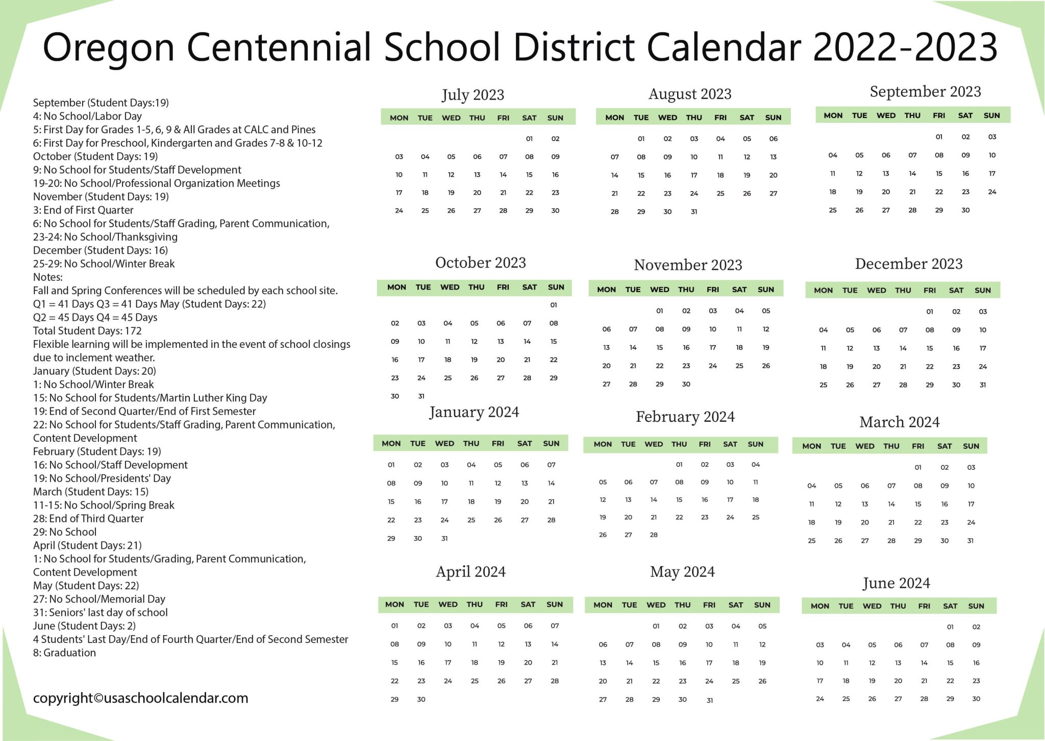 Oregon Centennial School District Calendar 2023 2024