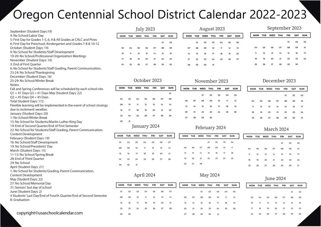 centennial school district oregon calendar