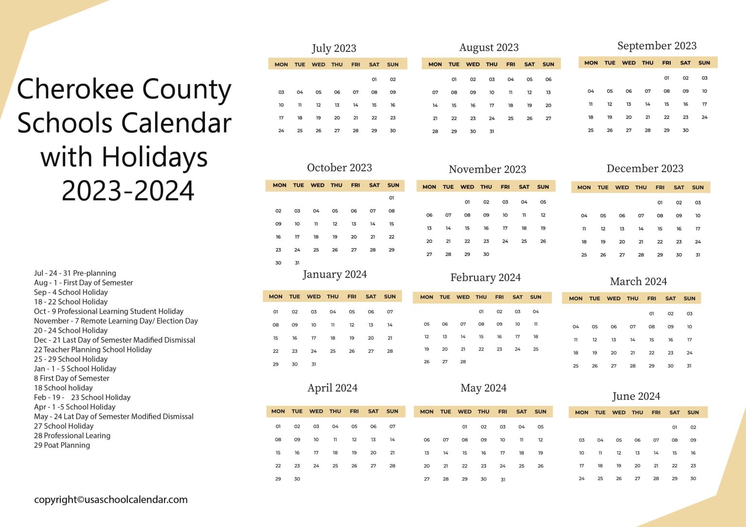 Cherokee County Schools Calendar with Holidays 20232024