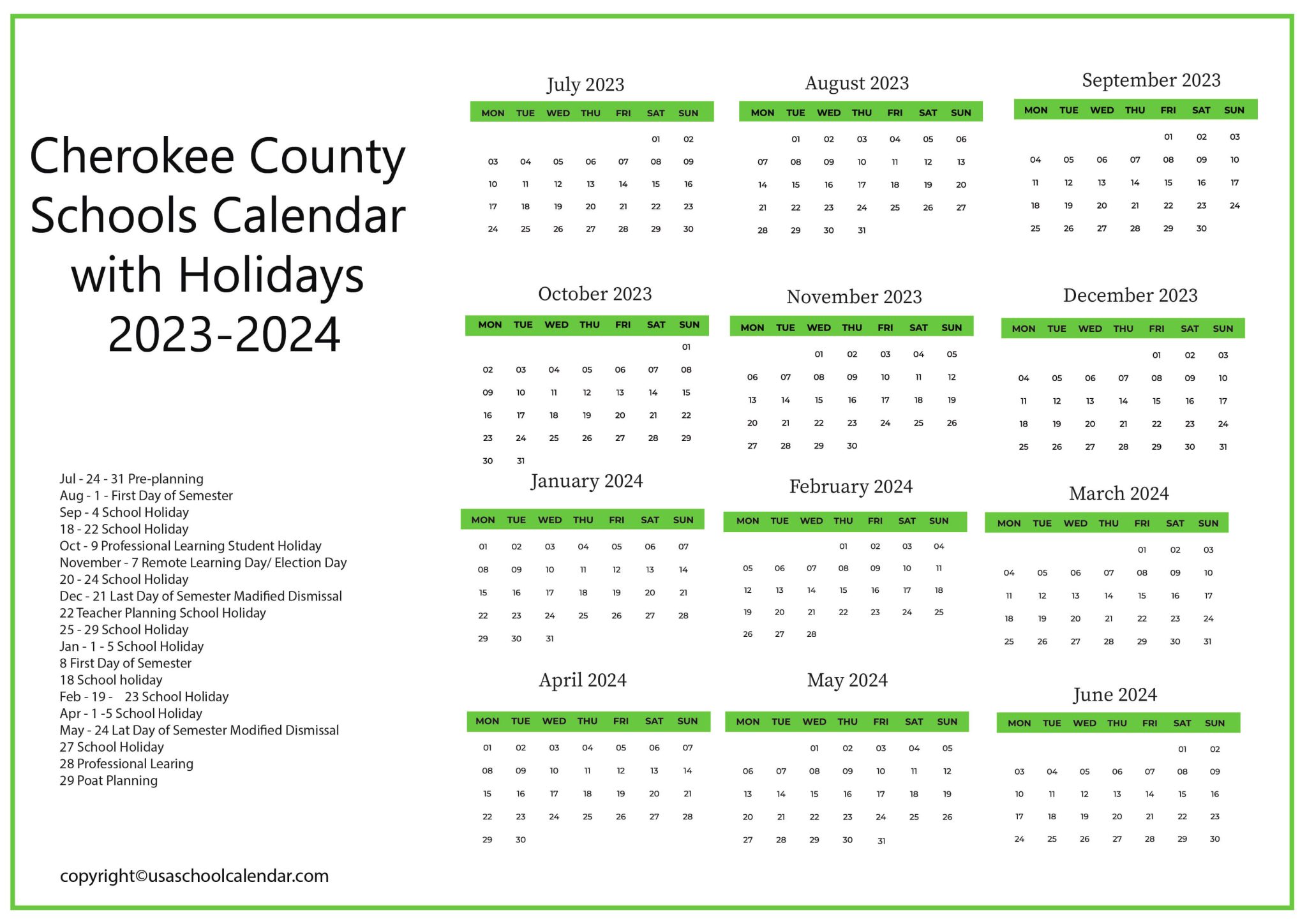 Cherokee County Schools Calendar with Holidays 20232024