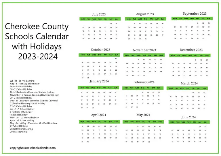 Cherokee County Schools Calendar with Holidays 20232024