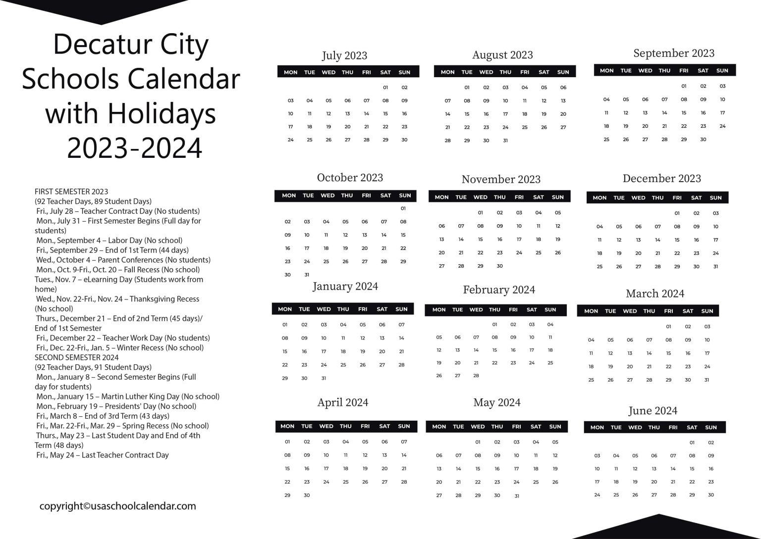 Decatur City Schools Calendar with Holidays 2023 2024