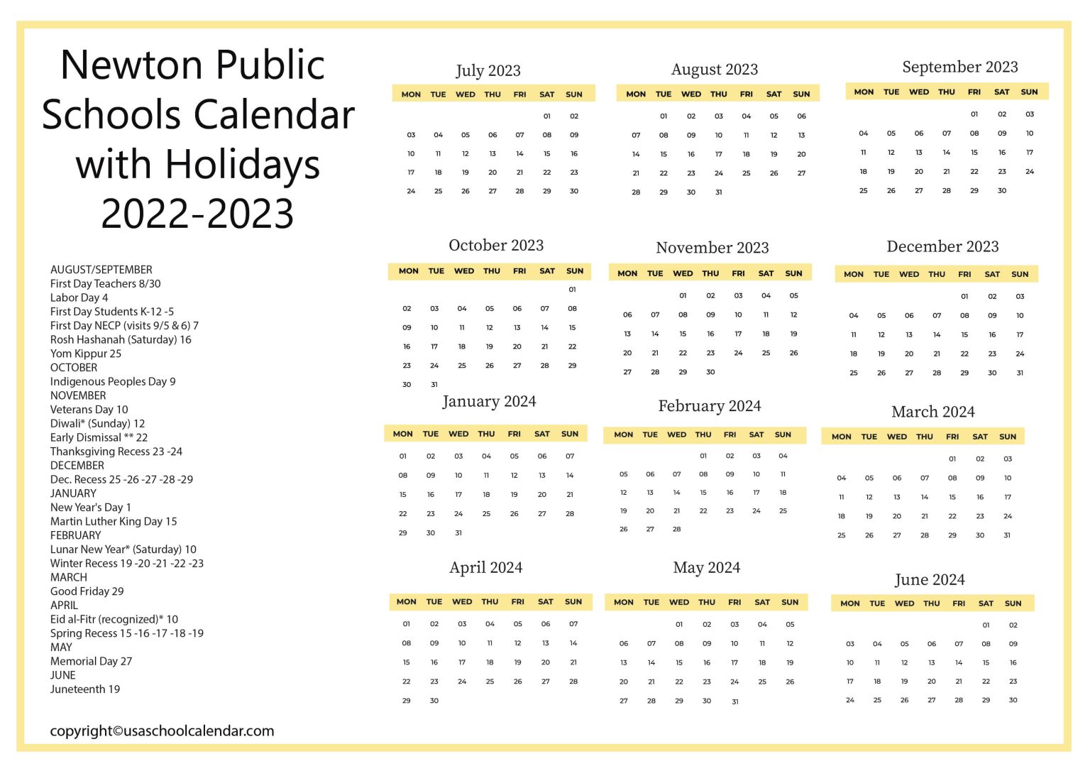 Newton Public Schools Calendar with Holidays 20232024