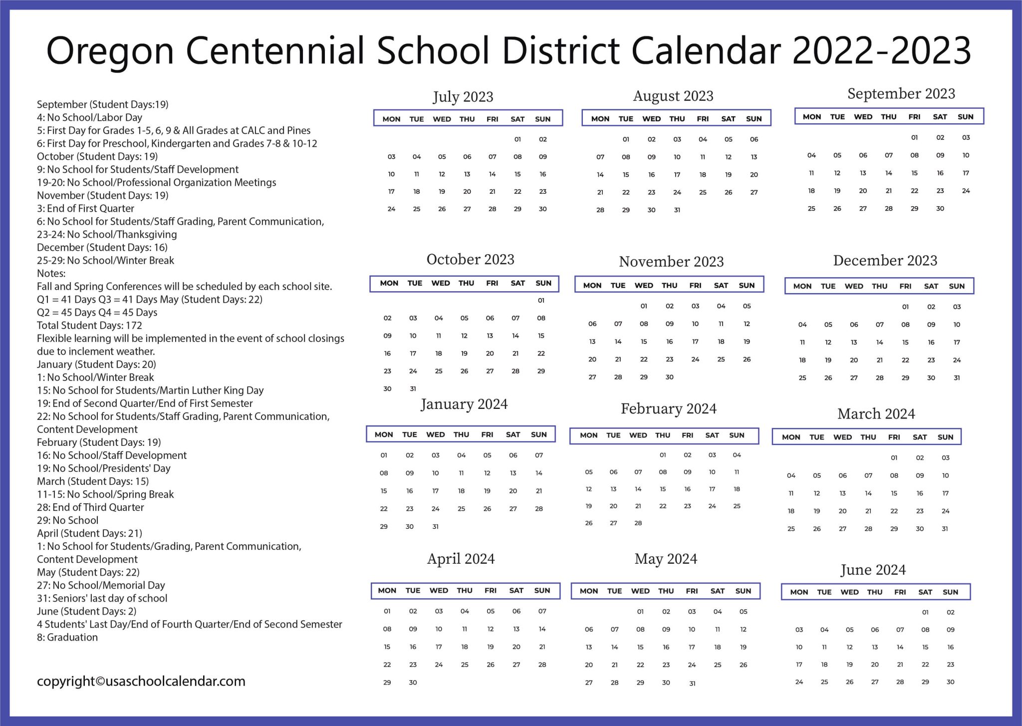 Oregon Centennial School District Calendar 2023 2024
