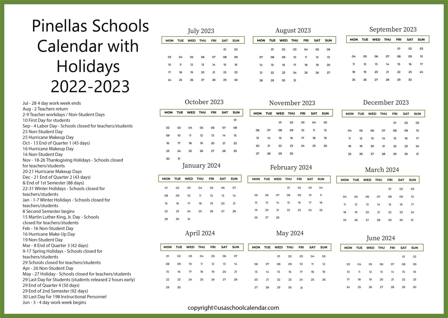 Pinellas Schools Calendar with Holidays 20232024