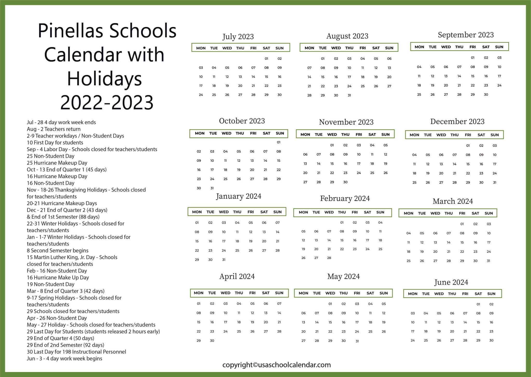 Pinellas Schools Calendar with Holidays 2023 2024