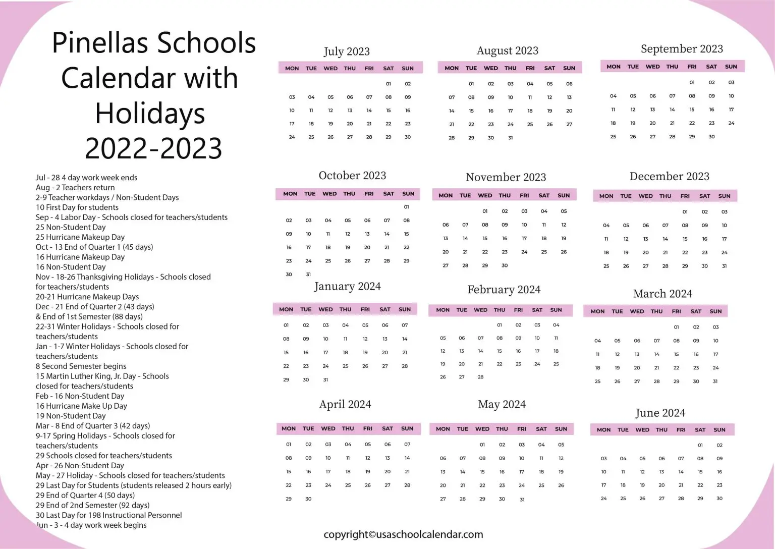 Pinellas Schools Calendar with Holidays 2023 2024