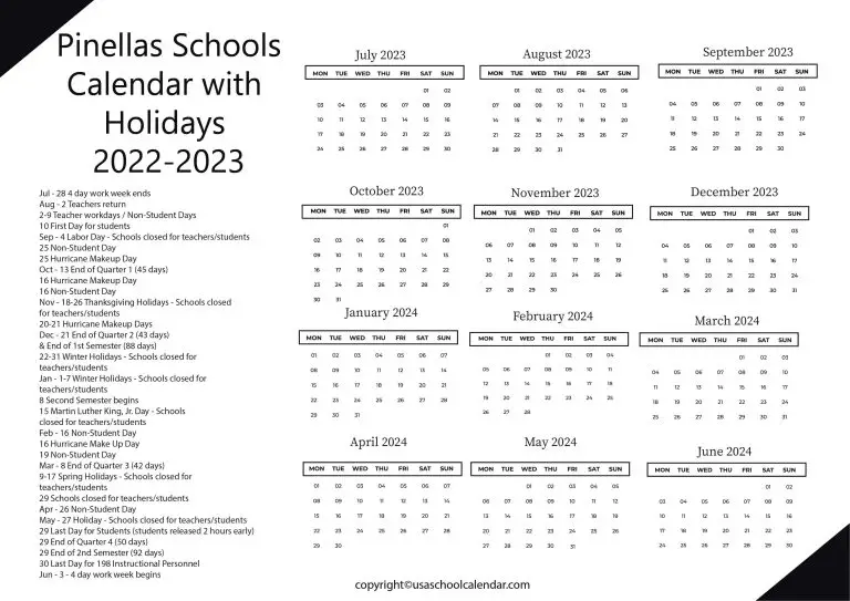 Pinellas Schools Calendar with Holidays 20232024