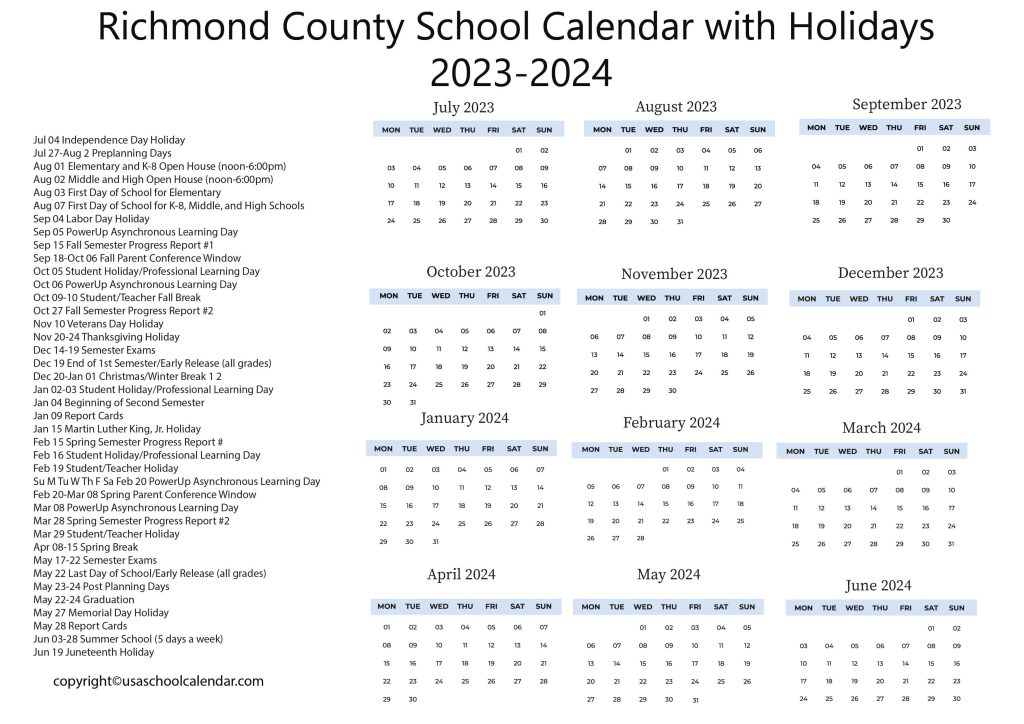 richmond county elementary school calendar