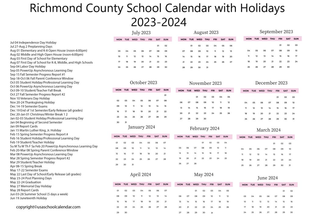richmond county school board calendar