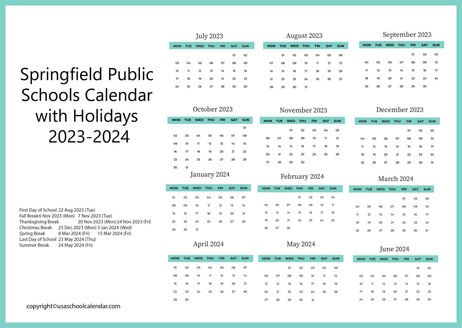 Springfield Public Schools Calendar with Holidays 20232024