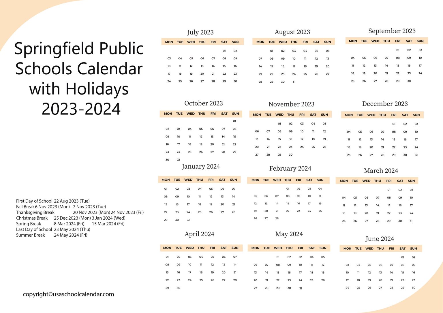 Springfield Public Schools Calendar with Holidays 20232024