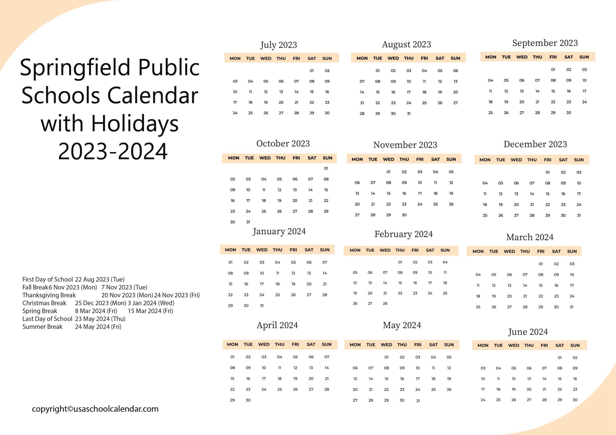 Springfield Public Schools Calendar with Holidays 2023 2024