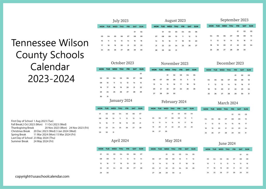 tennessee wilson county schools calendar
