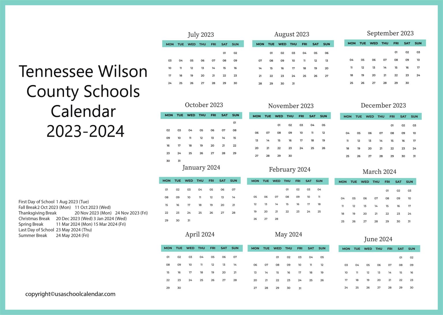 Tennessee Wilson County Schools Calendar 20232024