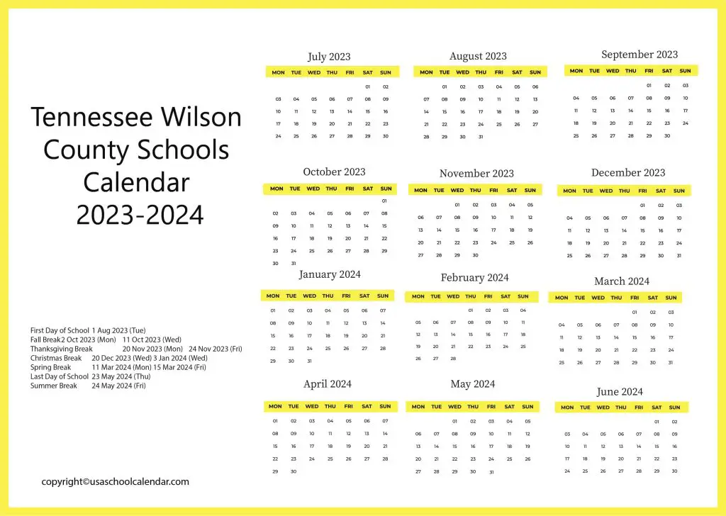 wilson county school district calendar