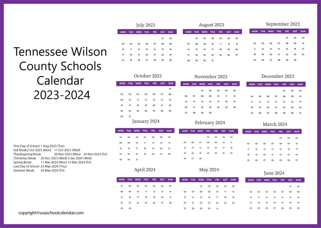 wilson county schools tennessee calendar