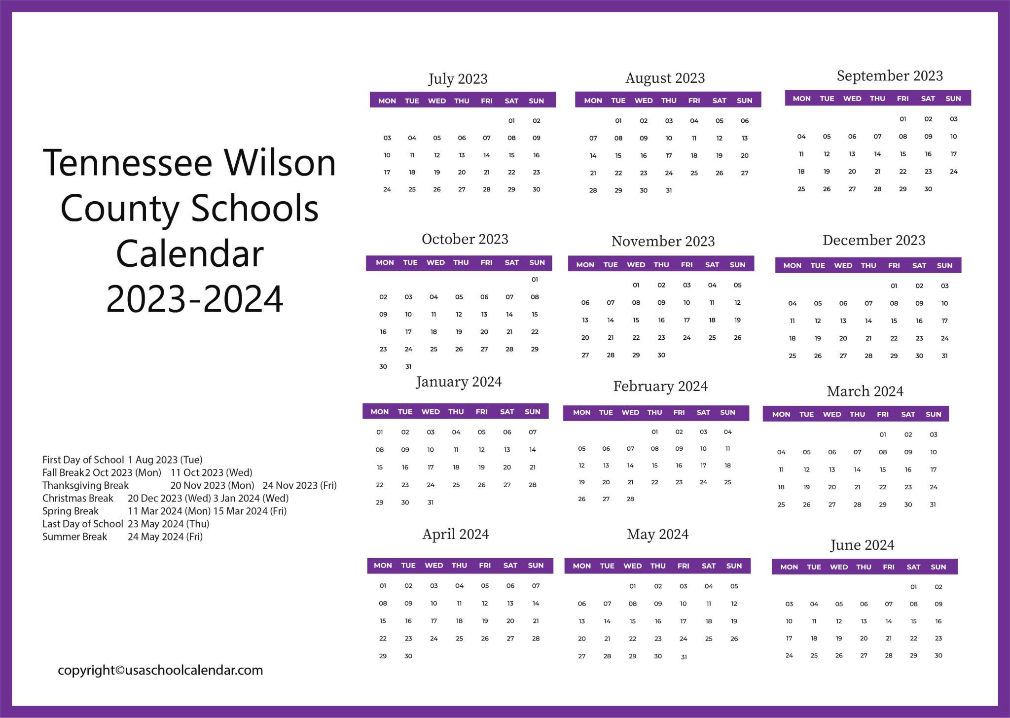 Tennessee Wilson County Schools Calendar 20232024