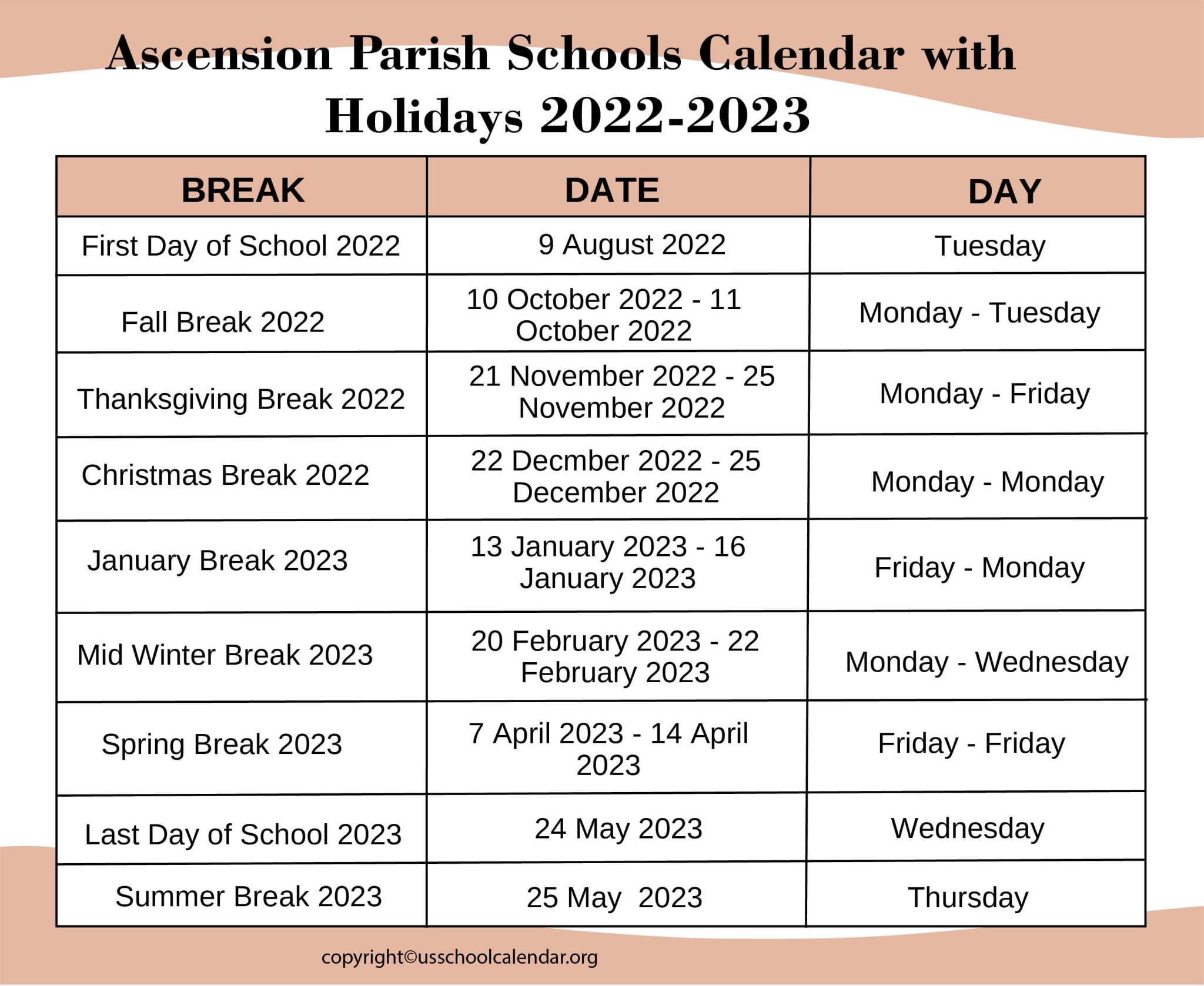 Ascension Parish Schools Calendar US School Calendar