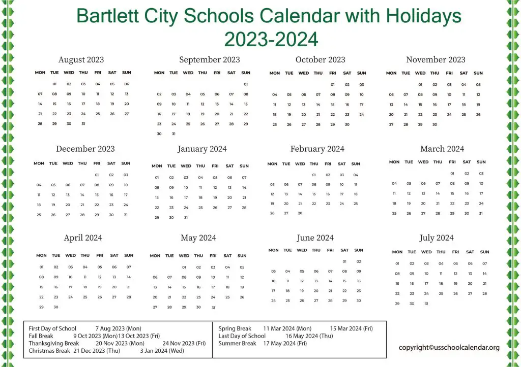 Bartlett City Schools Calendar