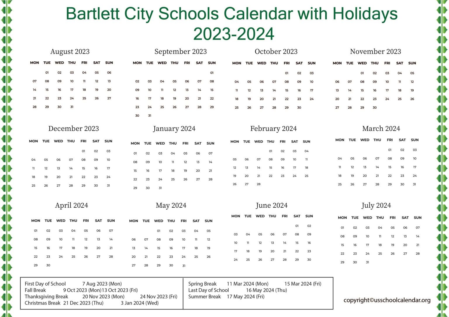 Bartlett City Schools Calendar with Holidays 2023 2024