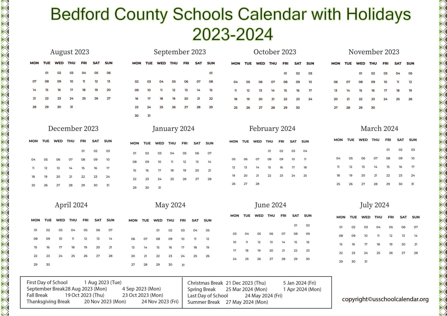 Bedford County Schools Calendar with Holidays 20232024