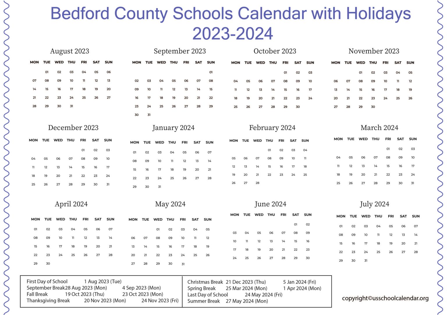 Bedford County Schools Calendar with Holidays 20232024