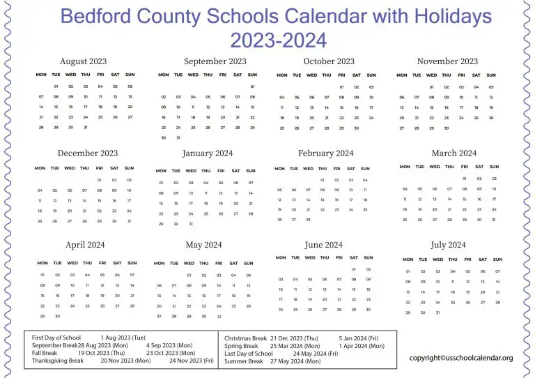 Bedford County Schools Calendar with Holidays 20232024