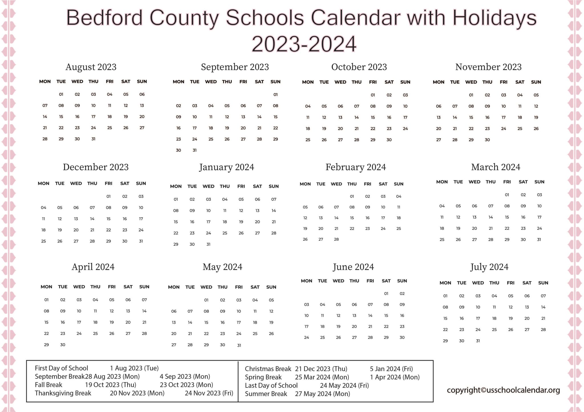 Bedford County Schools Calendar with Holidays 20232024