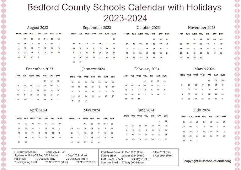 Bedford County Schools Calendar with Holidays 20232024