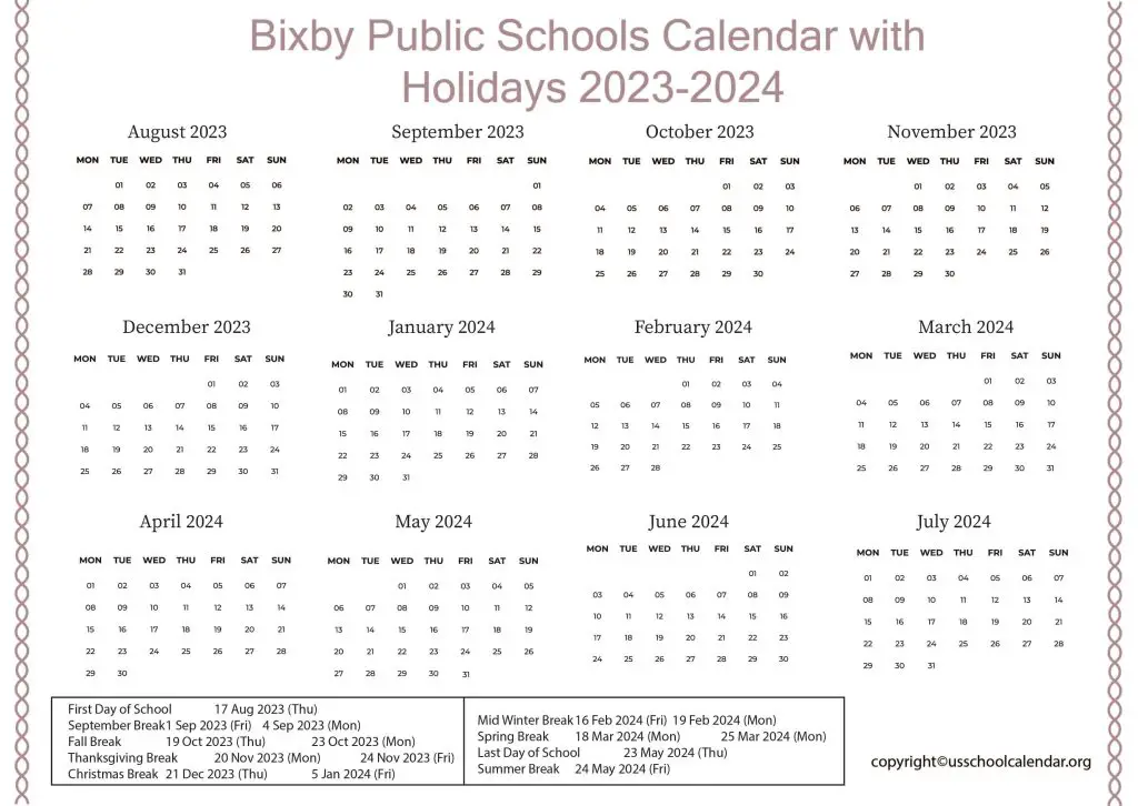 Bixby Public Schools Calendar