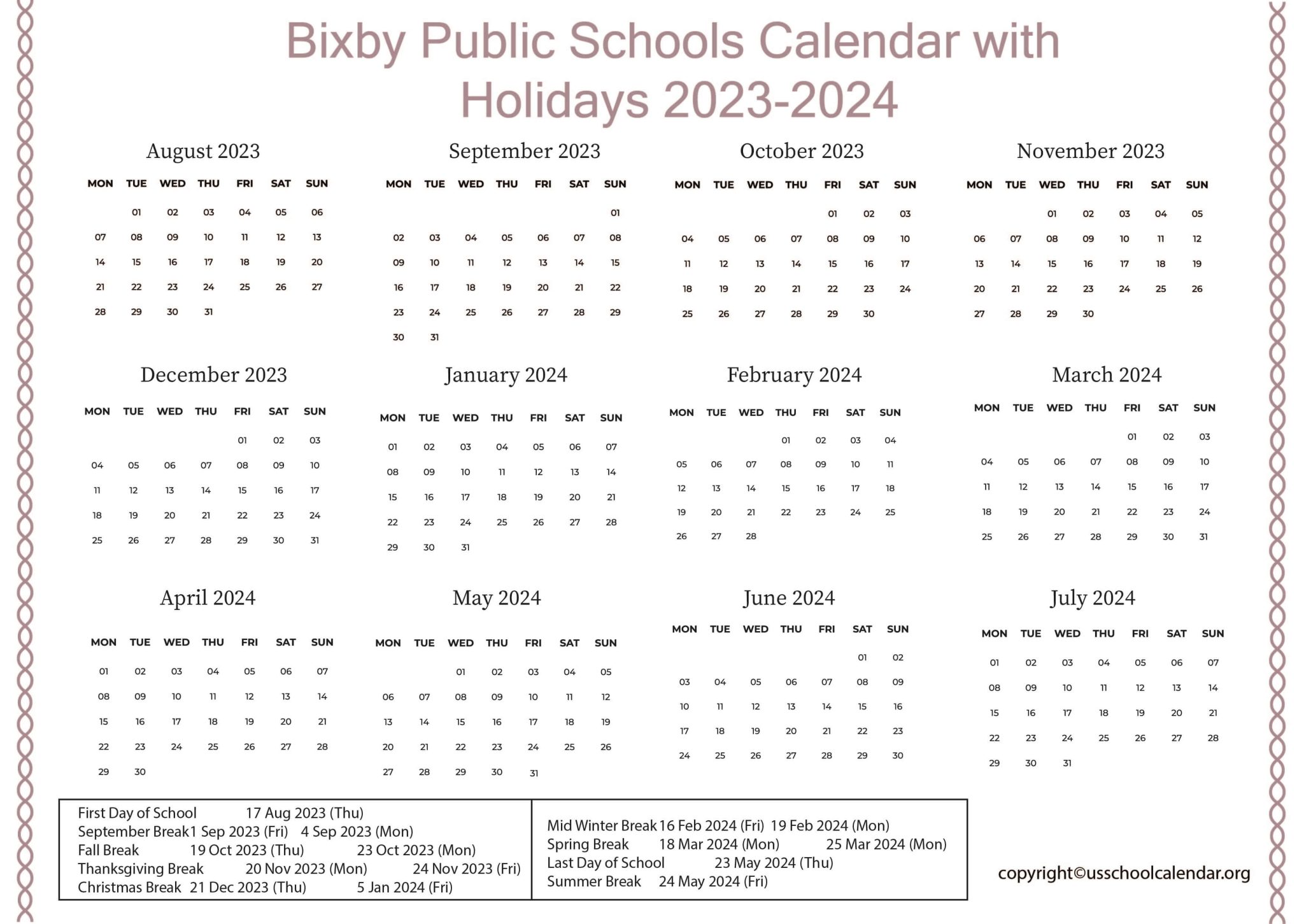 Bixby Public Schools Calendar with Holidays 20232024