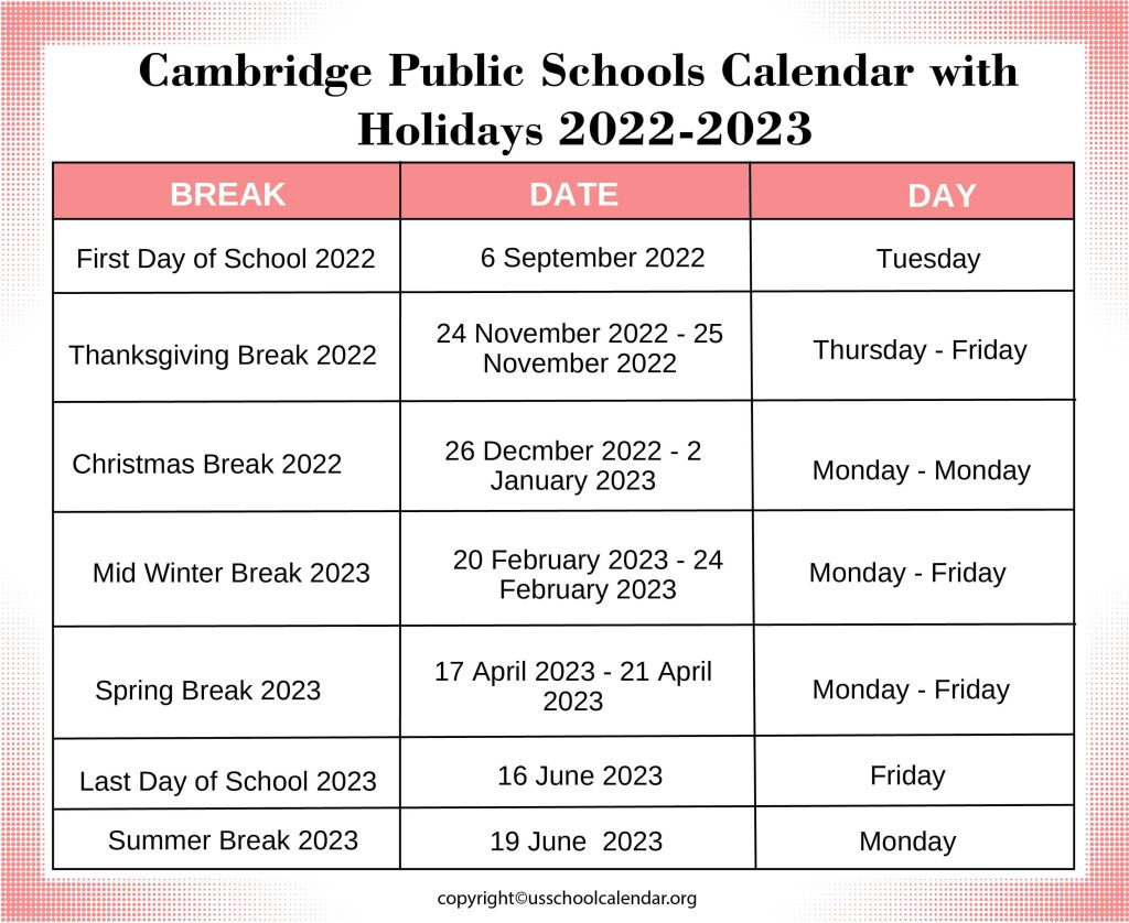 Cambridge Public Schools Calendar