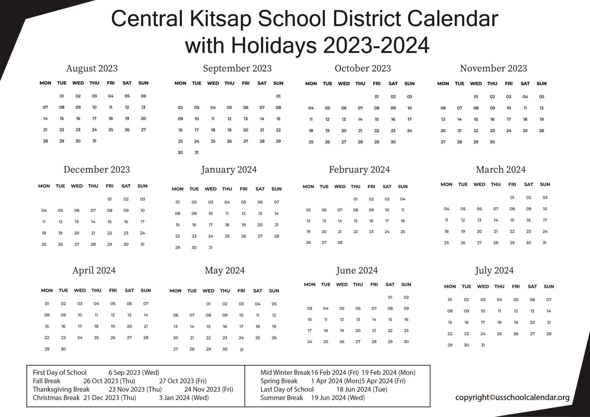 Central Kitsap School District Calendar with Holidays 20232024