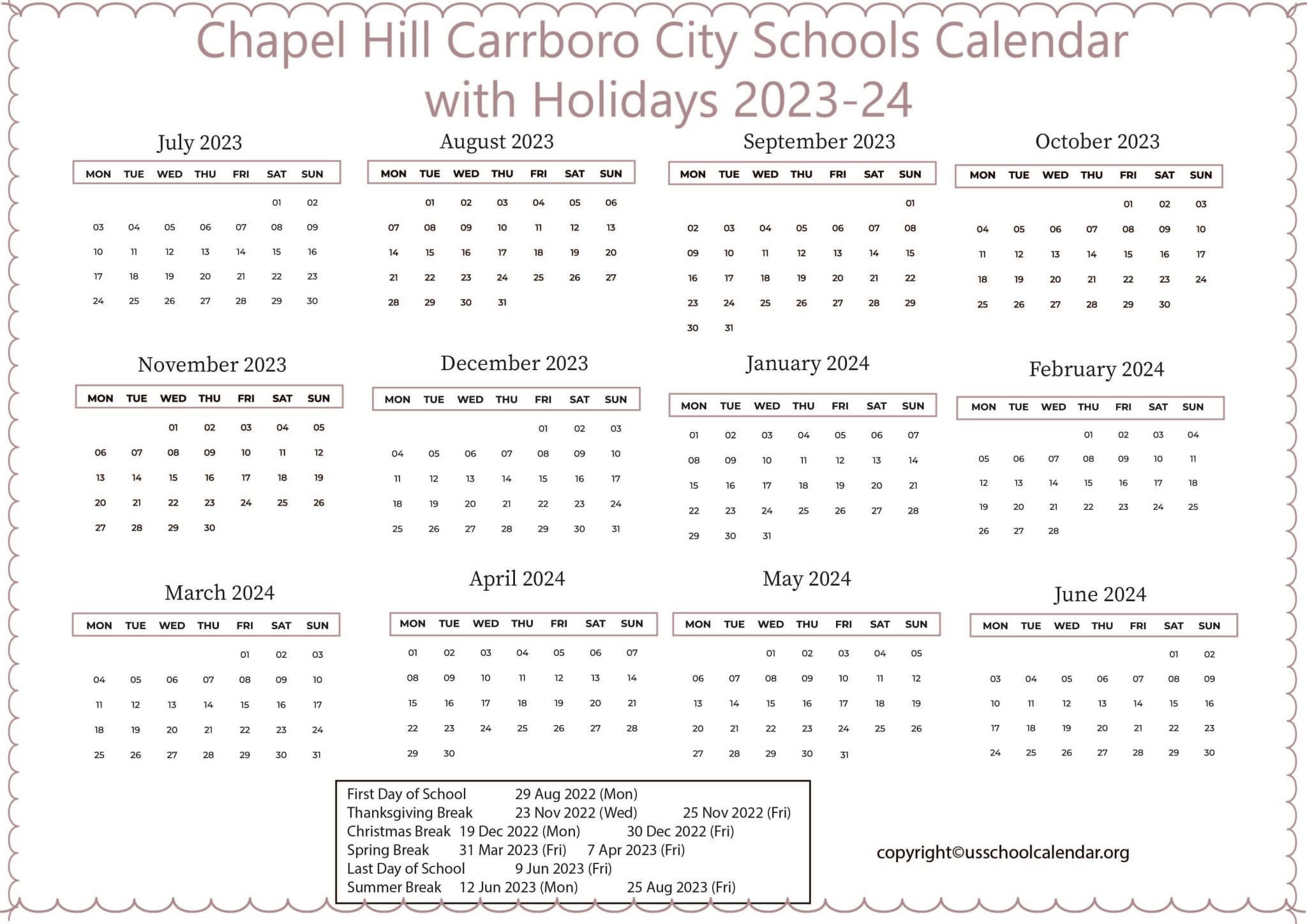 CHCCS Calendar US School Calendar