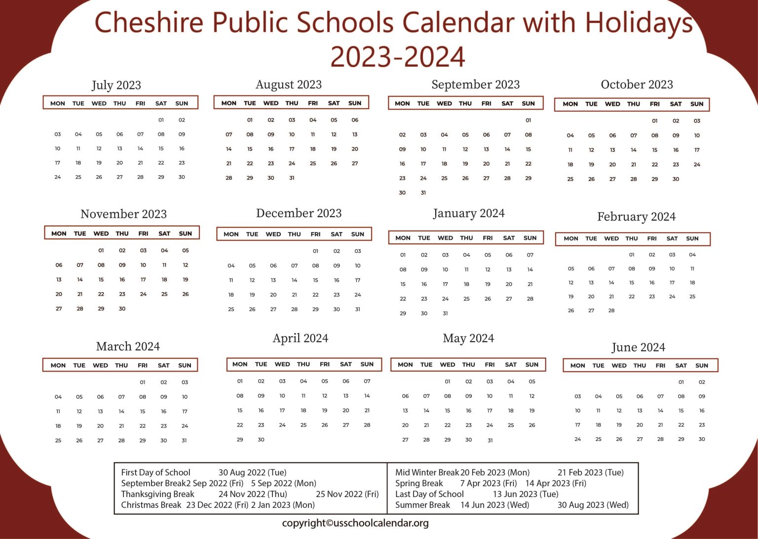 Cheshire Public Schools Calendar with Holidays 20232024