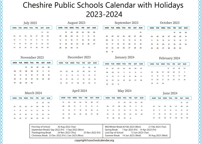 Cheshire Public Schools Calendar with Holidays 20232024