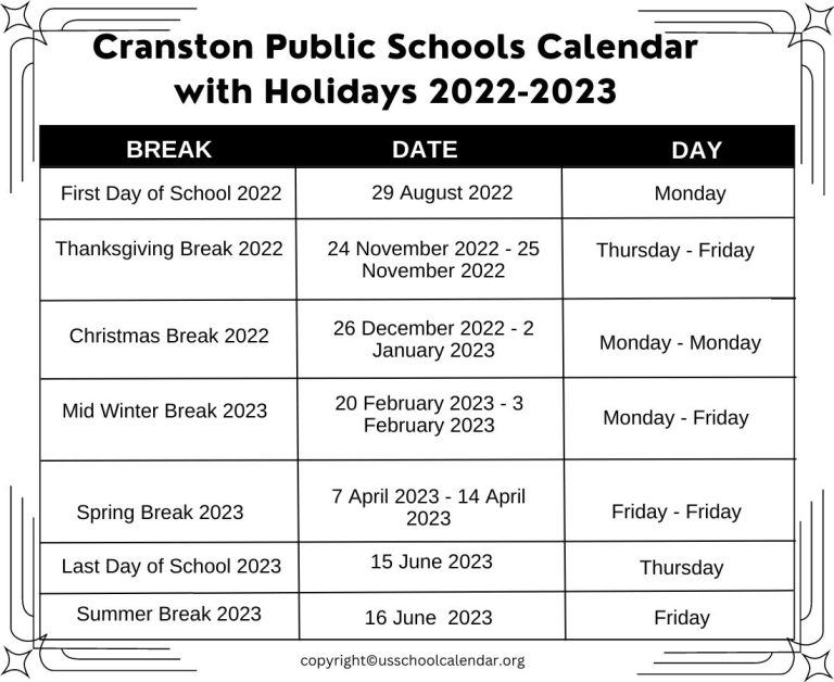 Cranston Public School Vacation Calendar US School Calendar