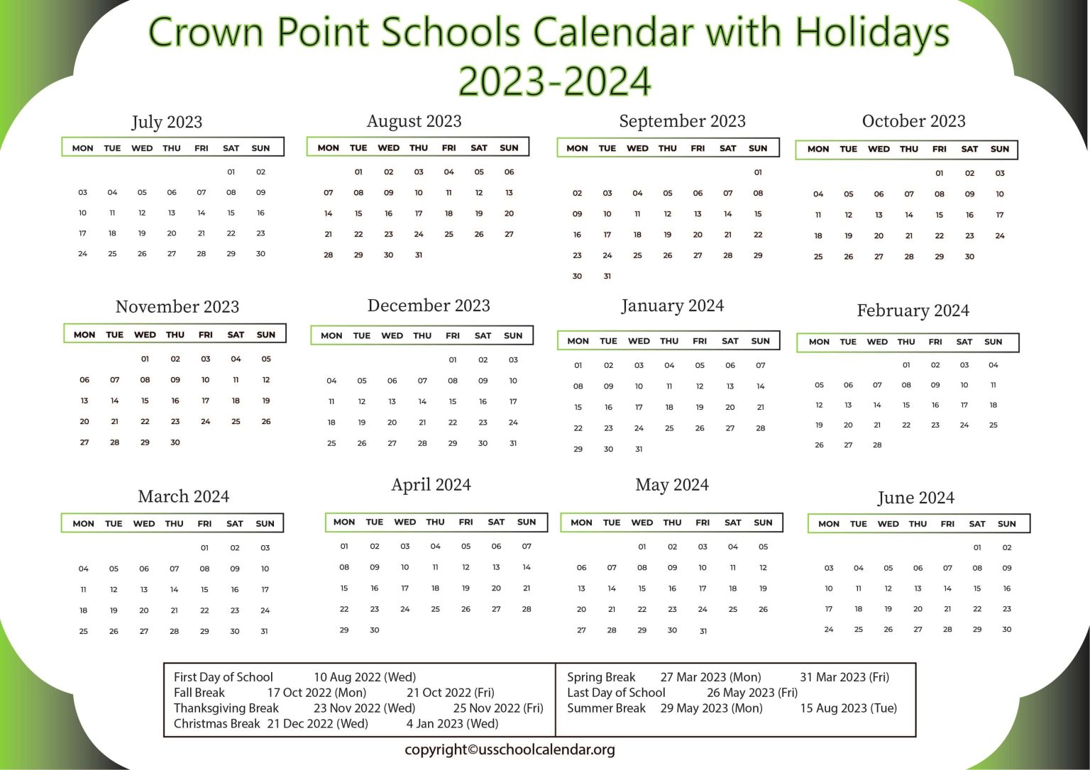 Crown Point Schools Calendar with Holidays 2023 2024 CPS