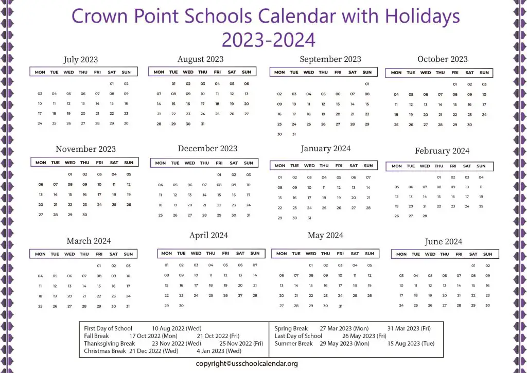 Crown Point Schools Calendar