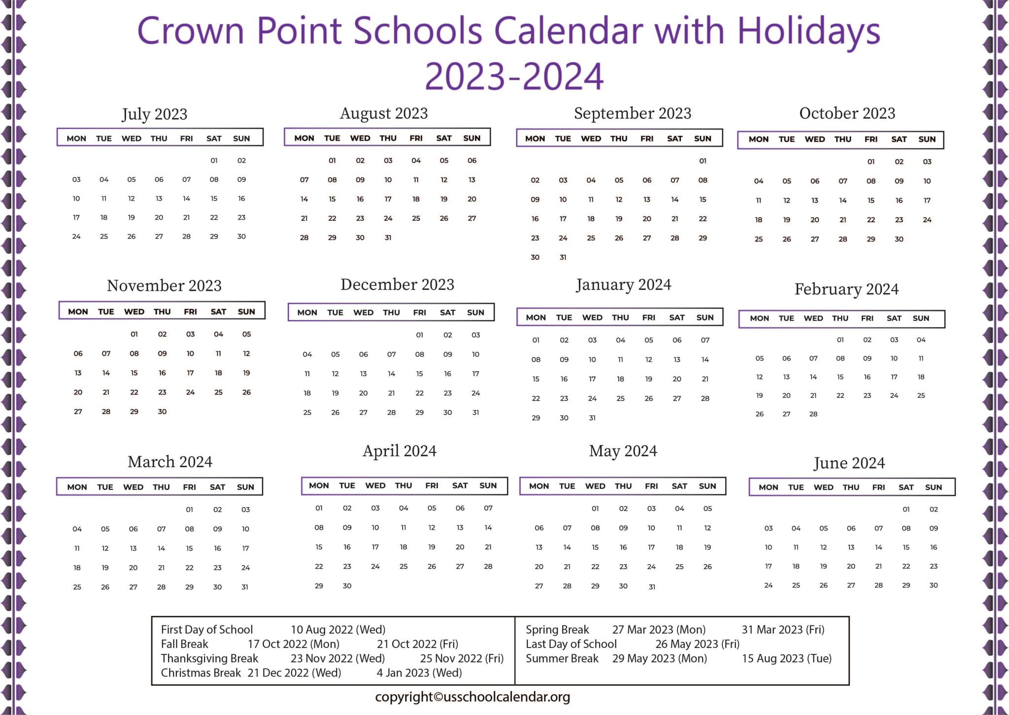 Crown Point Schools Calendar with Holidays 20232024 [CPS]