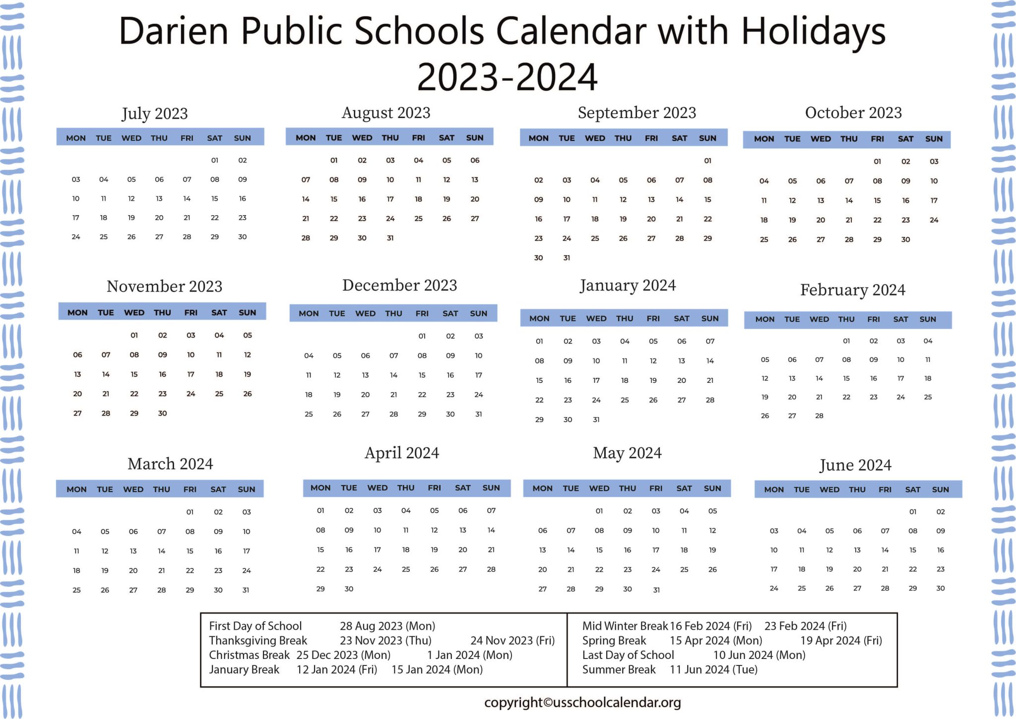Darien Public Schools Calendar with Holidays 20232024