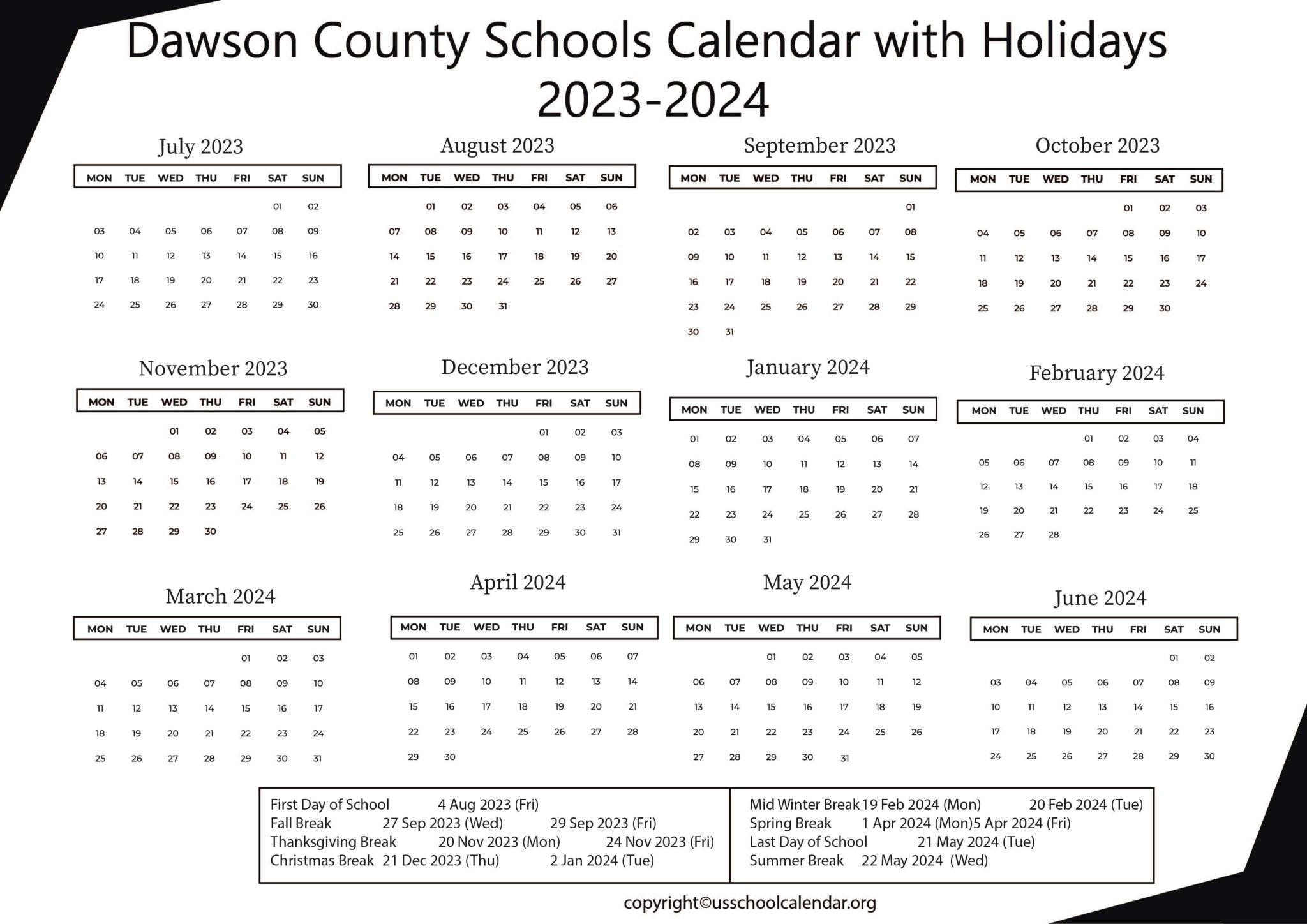 Dawson County Schools Calendar with Holidays 20232024